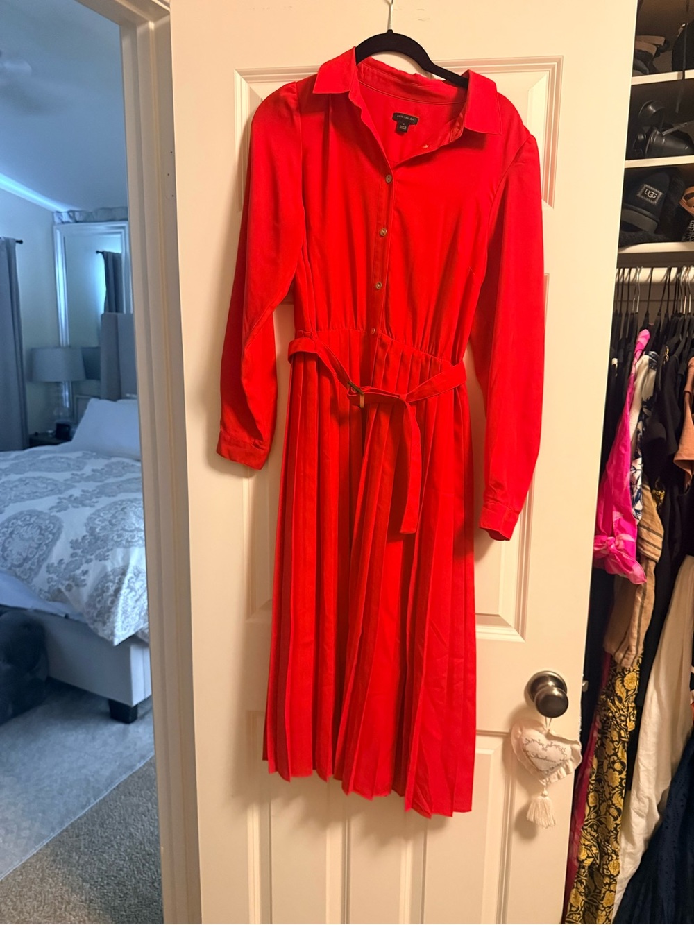 Ann Taylor Red Long-Sleeve Shirt Dress with Tie Belt